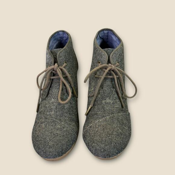 TOMS Womens Size 7 Wedge Heel Ankle Boots Desert Taupe Olive Herringbone Fabric - Picture 3 of 12